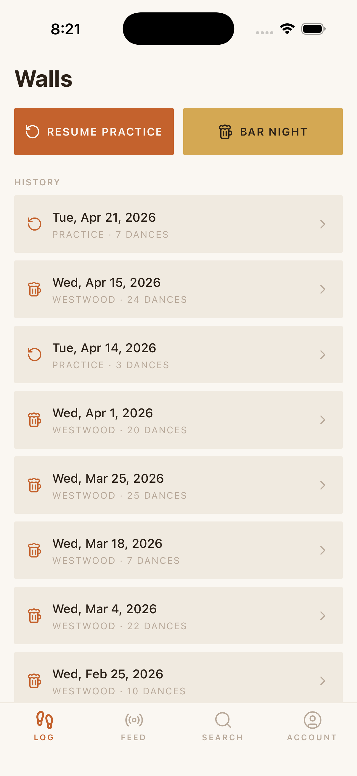 Walls iOS — Log tab